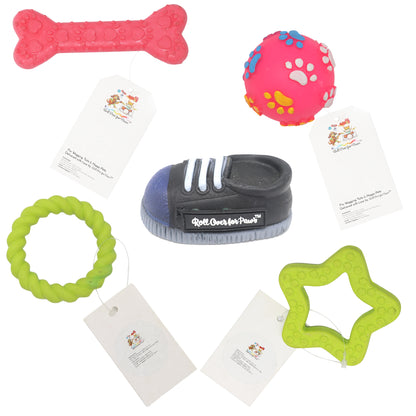 Rolloverforpaws Assorted 5-Piece Dog Chew Toy Set – Durable, Safe & Fun! Includes Spiral Ring, Star, Bone, Paw Ball & Shoe for Small to Medium Dogs. Perfect for Interactive Play!