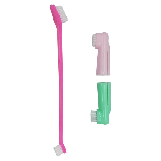 3-in-1 Dog Toothbrush Set | Long Dual-Head Brush & 2 Finger Brushes | Pet Dental Kit for Dogs & Puppies | Soft Bristles for Teeth Cleaning, Gum Massage & Oral Care