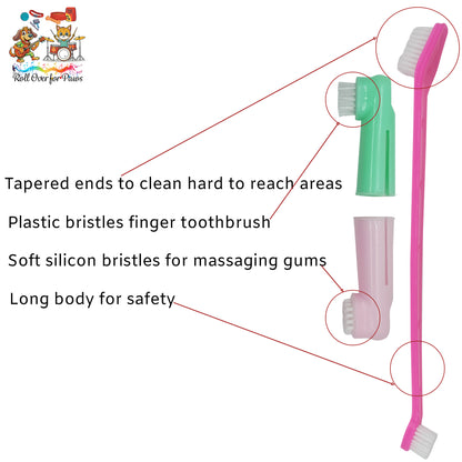 3-in-1 Dog Toothbrush Set | Long Dual-Head Brush & 2 Finger Brushes | Pet Dental Kit for Dogs & Puppies | Soft Bristles for Teeth Cleaning, Gum Massage & Oral Care