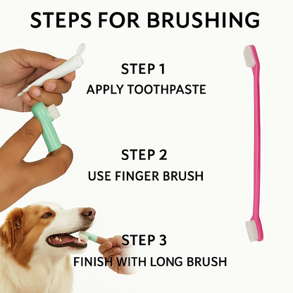 3-in-1 Dog Toothbrush Set | Long Dual-Head Brush & 2 Finger Brushes | Pet Dental Kit for Dogs & Puppies | Soft Bristles for Teeth Cleaning, Gum Massage & Oral Care